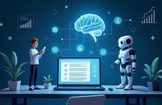 a robot with a human avatar standing next to a laptop