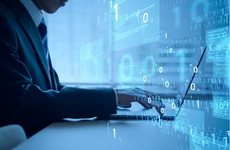 Man working on digital screen with code and data visualization — software and platform development