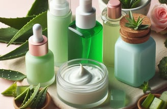 different body products with aloe vera leaves in background