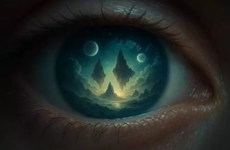 Close-up de um olho com uma paisagem onírica refletida na íris, simbolizando a consciência e a exploração dos sonhos lúcidos