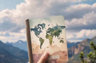 A hand holds a passport cover with a watercolor world map design and the words 'See the world' written on it. The background features a scenic mountain view with a partially cloudy sky.