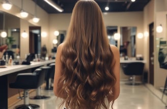 A person with long hair is in front of a mirror, seemingly styled for an occasion with a bright makeup look. They are holding a hair dryer and wearing a black outfit. The background shows a blurred garment, which is red with gold details, hanging on the wall.