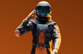 a man in an orange space suit with a helmet on making a salute