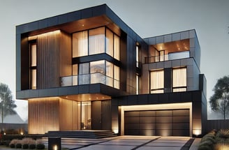 Fachada moderna de residência de luxo com design arquitetônico contemporâneo, grandes janelas de vid
