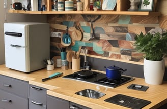 A dimly lit kitchen counter with a roll of paper towels, a blue appliance, and a plug-in night light featuring a chef figurine holding a pizza.