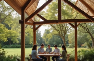 A wooden pergola structure covered with lush green vines and surrounded by a well-maintained garden. There are smooth tree stump seats and a small path leading to a flower bed with mixed flowers, all set against a backdrop of bright green grass.