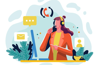 An illustration of a woman answering calls, emails and other communication types
