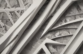 A close-up view of a surface with engraved letters, viewed from a low angle. The background features a geometric pattern of interconnected triangles resembling a modern architectural ceiling.