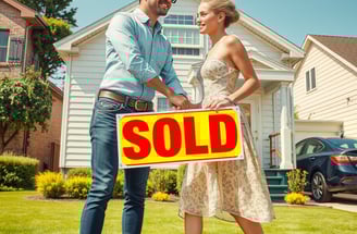 a man and woman standing in front of a sold sign