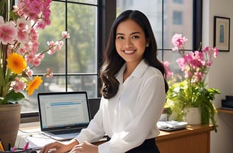 a woman sitting at a desk with a laptop computer