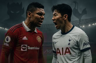 Casemiro, do Manchester United, e Son Heung-min, do Tottenham, se encaram com expressões raivosas