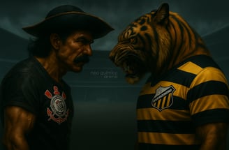 Mosqueteiro humanoide encara tigre uniformizado do Novorizontino diante da Neo Química Arena