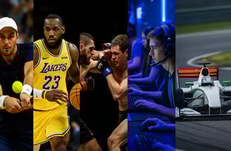 Montagem com cinco seções ilustrando tênis, basquete, MMA, eSports e corridas.