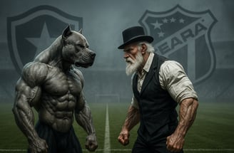 Cachorro cinza e idoso musculoso se encaram no Engenhão com escudos de Botafogo e Ceará ao fundo.   