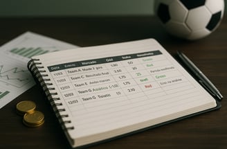 Caderno com registros de apostas esportivas sobre mesa, ao lado de moedas, gráficos e bola de futebo