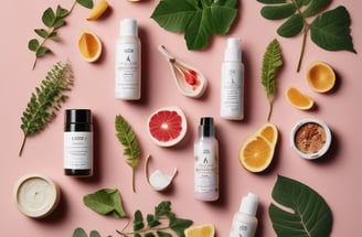 A collection of skincare and beauty products laid out on a surface. The items include a sachet labeled 'Love Beauty and Planet' featuring a floral design with pink flowers, a small dropper bottle with a dark cap, a white packet labeled 'Beautycounter Overnight Resurfacing Peel,' and a makeup brush with dark bristles and a metallic handle.