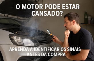 Homem inspeciona motor com lanterna em garagem, com fumaça saindo do capô e expressão preocupada.