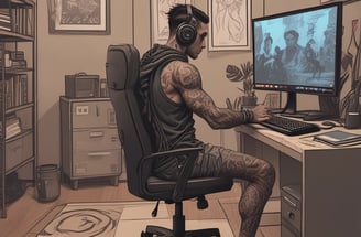 A person with long pink hair is sitting on a gaming chair, wearing a sailor-style outfit with tattoos visible on their arms. The room has dim lighting and there is a desk with a computer monitor and other tech equipment nearby. The interior has neutral-toned walls and decorations.