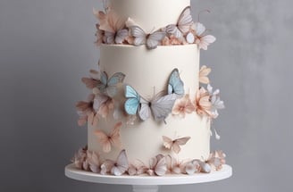 A two-tiered cake adorned with delicate, metallic butterfly decorations. The cake has a pastel peach color with artistic splotches of orange and pink. The top tier features a golden 'One' topper, indicating a first birthday celebration. Decorative pearls encircle the base of the cake.