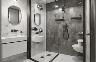 A modern bathroom with white marble-patterned walls and grey floor tiles. The space features a white toilet and a glass shower enclosure. Inside the shower are two hanging green plants, and various toiletries are visible on a small shelf.