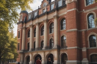 A cozy outdoor seating area is set up along a cobblestone street, enclosed by a wooden fence adorned with flower planters. A blackboard with text written in German invites passersby. The street is lined with buildings, including a modern glass-fronted one, and reflects a blend of old and new architecture.