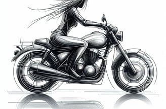 AI generated black and white sketch of woman on a motorbike