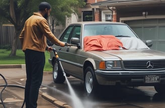 A person is washing a silver SUV at a car wash during the evening. The surroundings are dimly lit, with blue tones dominating the scene. The person is using a pressure washer to clean the vehicle. Trees and a corrugated metal fence are visible in the background.