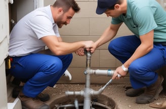 two men in blue overalls inspecting a drainage system