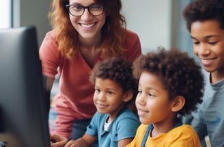 A woman and two children are sitting at a desk, engaging in a learning activity with books and pens. A large educational poster with diagrams and blue backgrounds is hanging on the wall behind them.