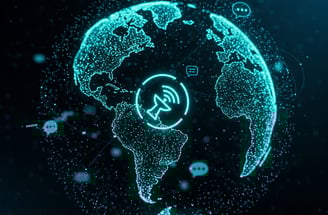 Skaitmeninė Žemė su ryšio ir bendravimo ikonų tinklu, simbolizuojanti globalius kontaktus.