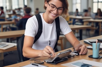 A smartphone and a laptop are displayed on a wooden surface. The smartphone screen shows an app interface featuring a financial portfolio, with stock symbols and numerical values. The laptop screen shows a website login page with promotional text offering incentives for signing up.