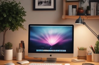 A modern, organized workspace featuring a large monitor displaying graphic design software alongside a laptop with a vibrant logo. A sleek keyboard and mouse are positioned on the desk, which also holds small decorative items and a desk lamp. A bookshelf with colorful books is visible nearby.