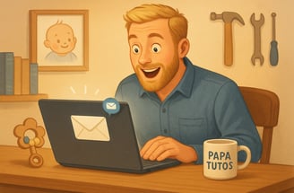 homme à barbe qui regarde son ordinateur avec un air surpris en recevant un email