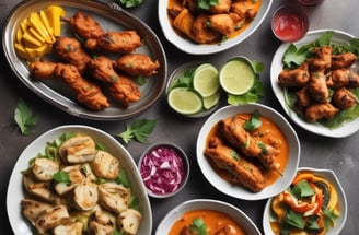 A lavish spread of Middle Eastern or South Asian cuisine is presented on a large metal tray. There are servings of yellow saffron rice and grilled chicken with a side of onions, garnished with lemon and fresh herbs. Two glasses of a yogurt-based drink, possibly lassi, are seen alongside. Additional side dishes include a bowl of green chili peppers and herbs, pickled vegetables, and a small bowl of olives. A large flatbread rests on the side, and the scene is set against a red patterned fabric.