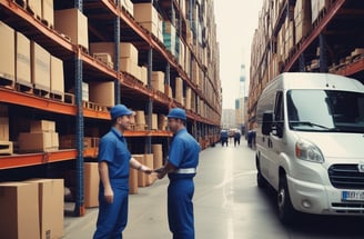 A person in a warehouse is transporting a large blue barrel on a red hand truck. The background includes stacks of cardboard boxes and pallets, with fluorescent lighting from above and a concrete floor.