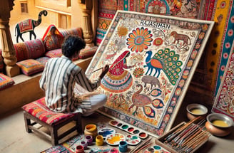 An artist paints a large, vibrant canvas depicting traditional Rajasthani motifs. The painting area is surrounded by colorful