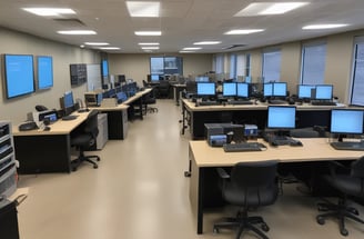 A room with a tiled ceiling and fluorescent lighting contains various electronic and office equipment. On the left, there's a wooden desk with a black server cabinet next to it. In the center of the room, a rack of network cables is visible, organized into a larger unit. To the right, a filing cabinet is mounted on the wall, with a printer/copier machine near the foreground. The walls are plain and the floor is covered in white tiles.