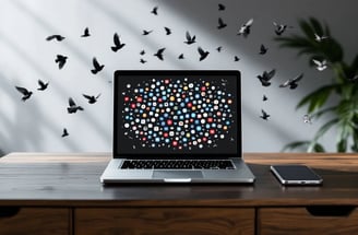 Laptop with Social Media icons, starling birds flying around.