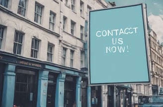 Two identical advertisement billboards display a man and a woman holding smartphones with broad smiles on their faces. Between them is an image of a smartphone with a pair of earbuds. The background is a dark blue, and the ads are placed outdoors with greenery visible behind.