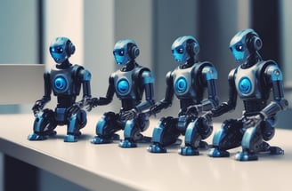 Four small,  robot figures are sitting in a row, each with a laptop in front of them. They have round bodies and blue accents, with 'AI' displayed on their chests. The background is minimal and light gray, emphasizing the robots and their computers.