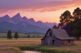 A red barn-like building with large windows is reflected in a tranquil pond surrounded by grass and sparse trees. The building has a large 'R' on its facade and a chimney on one side. Soft exterior lights illuminate the structure, suggesting early evening or dusk.