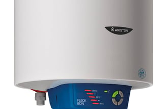 a white tankless water heater with a blue and white tank