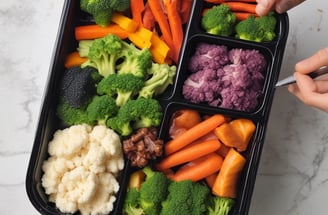 A shirtless person holds a black meal container filled with colorful vegetables and a savory dish, likely including broccoli, carrots, cauliflower, and a saucy protein mix.