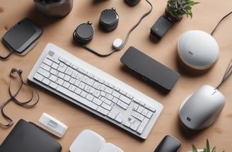 A laptop is placed on a white desk next to a golden thermos. The screen displays audio editing software. On the desk is also an audio mixer connected with various cables, suggesting a workspace for audio or music production. In the background, there are additional electronic devices and wires.