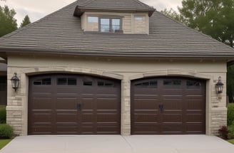 A residential area with a garage featuring a white automatic door. To the left, there is a tall, neatly trimmed hedge next to a white wall, with trees in the background. The sky is partly cloudy with hints of blue peeking through.