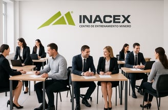 a group of business people sitting at desks in a meeting room