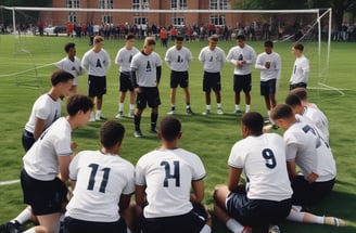 A group of athletes wearing sports uniforms huddles on a grassy field, likely preparing or strategizing for a game. The players are surrounded by additional team members or coaches wearing black jackets. A goalpost and net are visible in the background, along with a brick building.