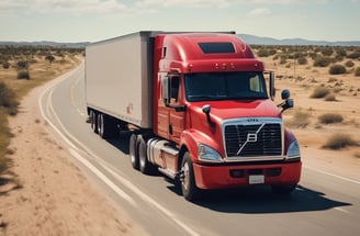 A large truck with a shipping container body parked in a shady area, surrounded by tall trees. The truck's cabin is metallic with a grille on the window, and the container has branding and signage on the side.