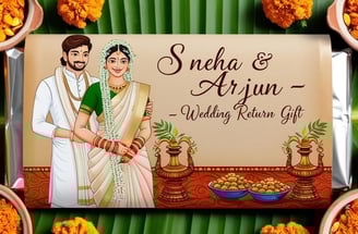 a couple in traditional indian wedding attire with a wedding gift Photo chocolates online