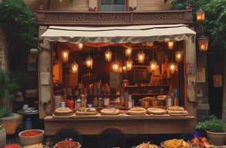 A bicycle cart selling Arabian sweets is positioned in front of an establishment adorned with a Nablus sign. The cart features a wooden display case with a glass front, and the words 'Arabian Sweets authentic & fresh' are printed on it. The setting includes a rustic outdoor area with straw roofing and a few diners seated at wooden tables, enjoying the ambiance.